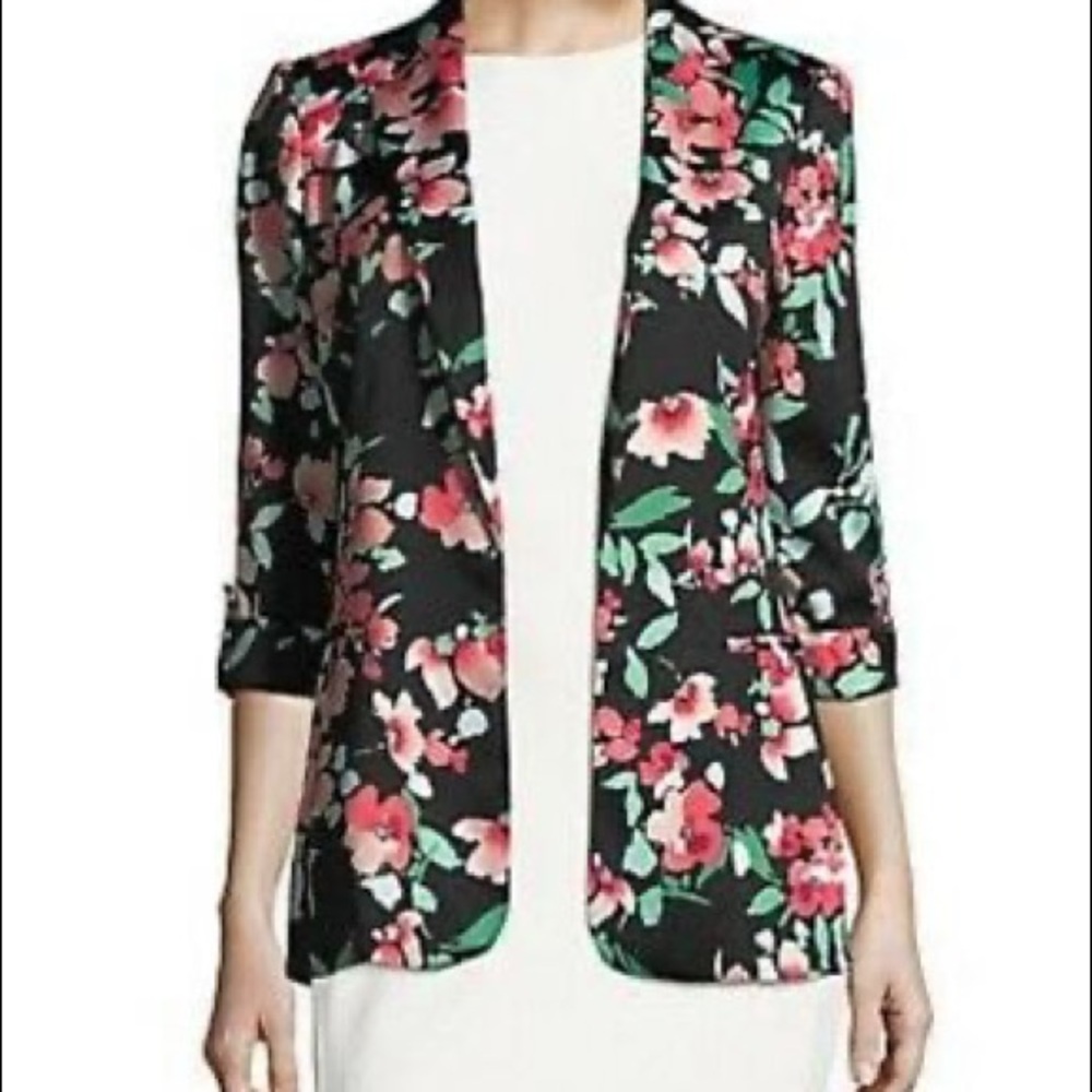 Calvin Klein Womens Black Flyaway Cuffed Open-Front Blazer Jacket Floral Size 6